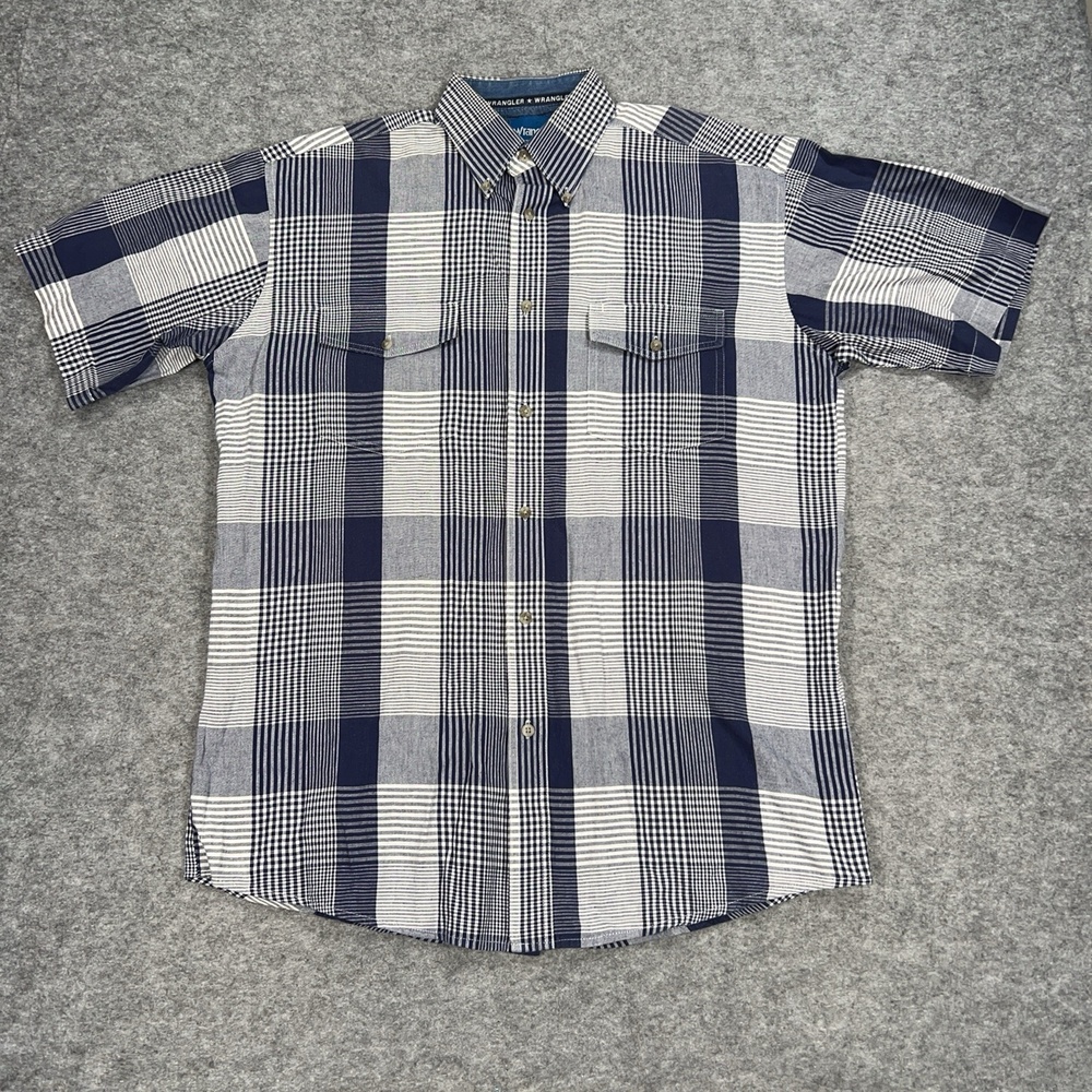 Wrangler Shirt Mens LT Blue Plaid Button Up Short Sleeve Western Rodeo Ranch